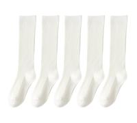 YIZITU 5 paia di calzini in cotone tinta unita al ginocchio per le donne in morbido tessuto a coste calze a maglia per scuola e abiti casual calze universitarie, bianco, Taglia unica