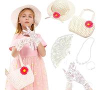 YIZITU 7Pcs cappello dritto donne ragazza tè festa fotografia puntelli borsa cappello lungo pizzo guanto collana di perle costumi da sposa