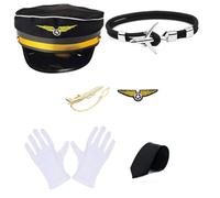 YIZITU Costume da capitano della compagnia aerea di Halloween, accessorio per cosplay, con cappello, uniforme, spalline, cravatta, assistente di volo hostess