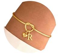 YIZITU Elegant 14K Gold Plated Stainless Steel Bracelet Creative Letter Charm Adjustable Wrist Chain Heart Design for Her Unique Love Knot Charm Bracelet Gift