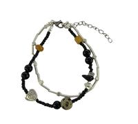 YIZITU Elegante braccialetto con perline bianche e nere a doppio filo con cuore d'amore, accessorio dal design unico, catena a maglia a mano