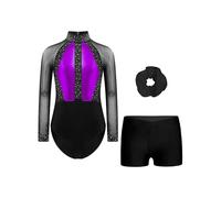 YiZYiF 3 Pezzi Body Ginnastica Artistica Bambina Maniche Lunghe Leotards con Pantaloncini e Fascia Per Capelli Viola e nero 13-14 anni