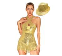 YiZYiF Abito da Ballo Donna Latino Americano con Paillettes a Frange Senza Maniche Abito da Salsa+ Cappello 1920s Costume da Ballo Oro M