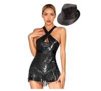 YiZYiF Abito da Ballo Donna Latino Americano con Paillettes a Frange Senza Maniche Abito da Sals Cappello 1920s Costume da Ballo Nero L