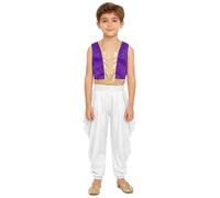 YiZYiF Abito da Principe Arabo Bambini Gilet con Decorazioni Dorate E Pantaloni Larghi 2 Pezzi Costume Per Halloween Carnevale Sultano A Viola Bianco 5-6 anni