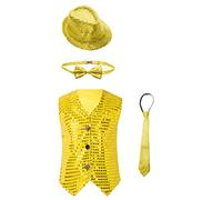 YiZYiF Bambini Ragazzi Gilet di Paillettes Suit Festive Party Stage Performance 4tlg Vestito Gilet Senza Maniche con Cappello Papillon e Cravatta Costume da Ballo Oro 7-8 Anni