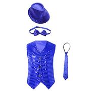 YiZYiF Bambini Ragazzi Gilet di Paillettes Suit Festive Party Stage Performance 4tlg Vestito Gilet Senza Maniche con Cappello Papillon e Cravatta Costume da Ballo Blu 7-8 Anni