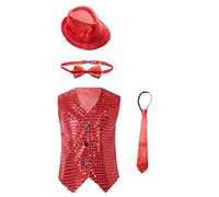 YiZYiF Bambini Ragazzi Gilet di Paillettes Suit Festive Party Stage Performance 4tlg Vestito Gilet Senza Maniche con Cappello Papillon e Cravatta Costume da Ballo Rosso 4-5 Anni