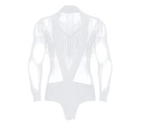 YiZYiF Body da Ballo Latino con Frange e Strass Uomo Maglia Trasparente Leotards da Tango Maniche Lunghe Top Rumba Jazz Salsa Jumpsuit Bianco M