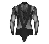 YiZYiF Body da Ballo Latino con Frange e Strass Uomo Maglia Trasparente Leotards da Tango Maniche Lunghe Top Rumba Jazz Salsa Jumpsuit Nero M