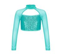 YiZYiF Crop Top da Ballo Bambina Felpa Corta Moderna Jazz Latino Canotta Sportivo Maglietta Ragazza Manica Lunga Canottiera con Paillettes Dancewear Lago Blu 9-10 Anni