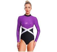 YiZYiF Donna Leotard da Ginnastica Balletto a Maniche Lunghe Body da Danza Classica con Paillettes Bodysuit da Ballo Latino Pattinaggio Artistico Jazz Samba Viola M