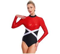 YiZYiF Donna Leotard da Ginnastica Balletto a Maniche Lunghe Body da Danza Classica con Paillettes Bodysuit da Ballo Latino Pattinaggio Artistico Jazz Samba Rosso M