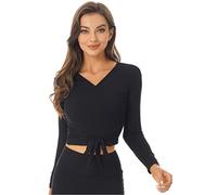 YiZYiF Maglia a Incrocio da Danza Classica Donna Crop Top Cardigan da Danza Balletto Maniche Lunghe Scaldacuore da Ginnastica Artistica Maglioncino per Sport Tempo Libero Black- S