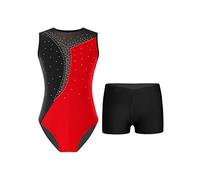 YiZYiF Ragazze Body Ginnastica Artistica strass Lucidi Senza Maniche Leotards con Pantaloncini Tuta da Danza Costume da Ballo Rosso nero 7-8 anni