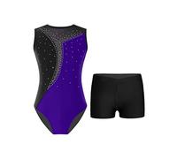 YiZYiF Ragazze Body Ginnastica Artistica strass Lucidi Senza Maniche Leotards con Pantaloncini Tuta da Danza Costume da Ballo Viola e nero E 13-14 anni