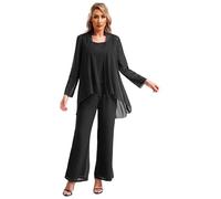 YiZYiF Tailleur Pantalone da Donna 3 Pezzi Completo in Chiffon da Cerimonia Eleganti Canotta +Manica Lunga Cardigan + Pantaloni Casual Business Outfit Nero 2XL