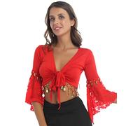 YiZYiF Top di Danza del Ventre per Donna Coprispalle in Pizzo Farfalla Manica Lunga Tromba Sciarpa Crop Tops Cardigan Giacca Abbigliamento da Ballo