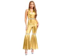 YiZYiF Tuta Disco Donna Anni 70-80 con Scollo a V Senza Maniche Pantaloni Svasati per Feste e Spettacoli Oro M
