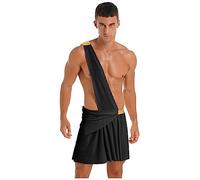 YiZYiF Uomo Grecian Toga Costume Una spalla Gonna Ruffle Sexy Lingerie Halloween Greco Antico Romano Spartano Guerriero Cosplay Outfits Nero XXL
