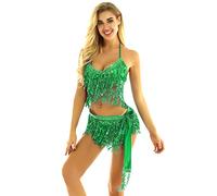YiZYiF Vestito da Latino Americano Donna con Nappa Abito da Ballo Rumba Samba Salsa Vestito da Danza del Ventre Paillettes Frange Reggiseno Mini Gonna da Danza Verde Taglia Unica