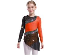 YiZYiF Vestito da Pattinaggio Artistico Bambina Gonna Asimmetrica Abito da Balletto Ballerina Manica Lunga in Rete Body da Danza Classica Moderna Jazz Samba Saggio Arancione 15-16 Anni