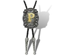 Yjfeshion Cravatta da cowboy in pelle fatta a mano con lettera iniziale ABJR a XYZ occidentale Bolo Tie per uomo donna, P d'oro, L