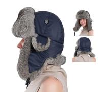 YJSM Cappello Aviatore da Uomo in Vera Pelliccia di Coniglio, Antivento, Ushanka Russo, Cappello da Trapper，Cappello di Coniglio Vero (Grigio Blu)