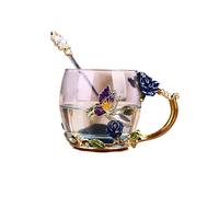 YJYJY Tazze Tazza Smalto Blu Cristallo tè caffè Fiore Acqua con Cucchiaio Bicchieri Vetro Regalo