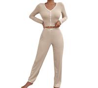 YKDLLF Inverno Donna da Due Pezzi a Maniche Lunghe Pantaloni in Raso Morbidissimo Scollo V Aperto Davanti con Bottoni Donna Poliestere Pigiami da Invernali Leggero Maniche