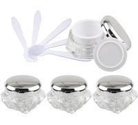 YKMYXZ, Confezione da 4 flaconi vuoti da 10 ml in acrilico trasparente a forma di diamante per cosmetici, barattoli per lozione per crema viso, barattolo con coperchi rosa + 4 cucchiai
