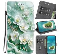YKTO Cover per Tecno Camon 18i Custodia Flip Libro Pieghevole Cover con [Slot per Scheda] [Funzione di Supporto] Copertura,Fiore di magnolia in stile intagliato verde chiaro Fiori
