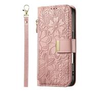 YKTO Custodia per OPPO A5M Custodia Portafoglio Pelle Cuoio Modello a fiori pressati Zip Borsa per Magnetismo cellulare Portafoglio multifunzionale per carte di credito,Rosa