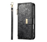 YKTO Custodia per Oukitel C36 Modello a fiori pressati Zip Borsa per cellulare Portafoglio multifunzionale per carte di credito Portafoglio PU Pelle Magnetico Fibbia Flip Cover,Nero