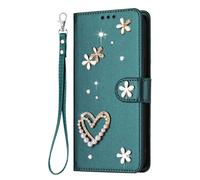 YKTO Portafoglio Flip Wallet Case per Realme 14 Pro Plus 5G Verde in pelle Lucida with Bling Glitter Strass Cuori e Fiori a Doppio Strato Libro Flip Stand Card Wallet Cover Folio