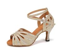 YKXLM Scarpe da Ballo Latino con Strass Donna Latino Americano per Salsa Tango Bachata,Tacco 7.5cm,Oro,38.5 EU