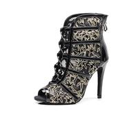 YKXLM Stivali da Ballo Latino Americano Donna con Punta Aperta con Tacco con Lacci Scarpe da Ballo Donna,8.5cm,Oro,35EU