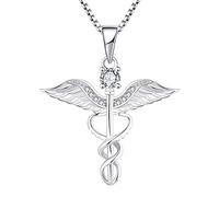 YL Collana Infermiera 925 Argento Aprile Pietra portafortuna Zirconia Cubica Bianco Ali d'angelo Registrato RN Caduceus Ciondolo per Donne Infermiera Dottore