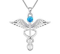YL Collana Infermiera 925 Argento Marzo Pietra portafortuna Acquamarina Ali d'angelo Registrato RN Caduceus Ciondolo per Donne Infermiera Dottore