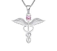 YL Collana Infermiera 925 Argento Ottobre Pietra portafortuna Zirconia Cubica Rosa Ali d'angelo Registrato RN Caduceus Ciondolo per Donne Infermiera Dottore
