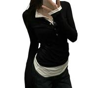 YLCYDLYU Magliette A Maniche Lunghe da Donna T-Shirt Finta A Maniche Lunghe con Scollo A V in Due Pezzi per Donna, da Indossare Come Capospalla Primaverile E Autunnale-Nero-S