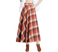 Ylingjun Gonna lunga in lana scozzese per donna autunno inverno alta vita elastica una linea svasata gonne di lana pieghettate, Arancione/Lungo, M