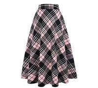 Ylingjun Gonna lunga in lana scozzese per donna inverno autunno caldo alto elastico in vita una linea svasata plissettata in lana tartan gonne, Rosa 02., M
