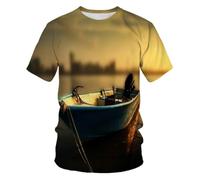 YLLMNOBN T-Shirt da Uomo Blu con Stampa 3D di Un Paesaggio con Barche, a Maniche Corte e vestibilità Ampia, Perfetta per L'Estate.