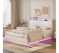 YLSZHY 160 x 200 cm Letto imbottito con LED, telaio per letto matrimoniale con testiera e stoccaggio, CAM a di stoccaggio rialzato con stazione di ricarica (160 x 200 cm-Beige6)