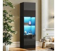 YLSZHY Armadietto con display a LED lucido, credenza alta con ripiano in vetro e 2 ante, moderna, autoportante, libreria, vetrina per soggiorno (colore: nero, 45 x 35 x 160 cm)