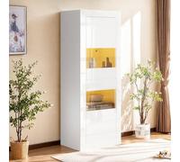 YLSZHY Armadietto con display a LED lucido, credenza alta con ripiano in vetro regolabile, moderna libreria indipendente per soggiorno (bianco, 61 x 42 x 162 cm)