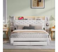 YLSZHY Struttura letto matrimoniale imbottita 140 x 200 cm, con libreria, stazione di ricarica, 2 cassetti, testiera in velluto con luce LED, letto a piattaforma, per casa e camera da letto (bianco