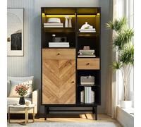 YLSZHY Vetrina alta a LED con 3 ripiani in vetro e 2 cassetti, vetrina Farmhouse Curio con anta, armadietto da pavimento libreria per soggiorno, camera da letto, collezione di figure organizer