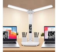YLTLINK Lampada da lettura pieghevole doppia Swing Arm Desk Light,3600MAH 3 modalità di luce,Dual Swing Arm LED Lampade da scrivania con ricarica USB,Portapenne/Display Time Temperatura/Calendario